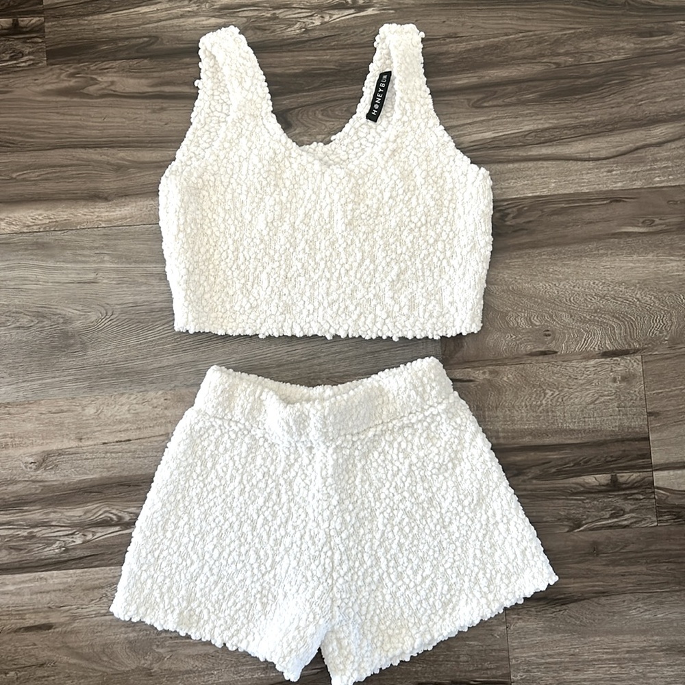 White Textured Crop Top and Shorts Set